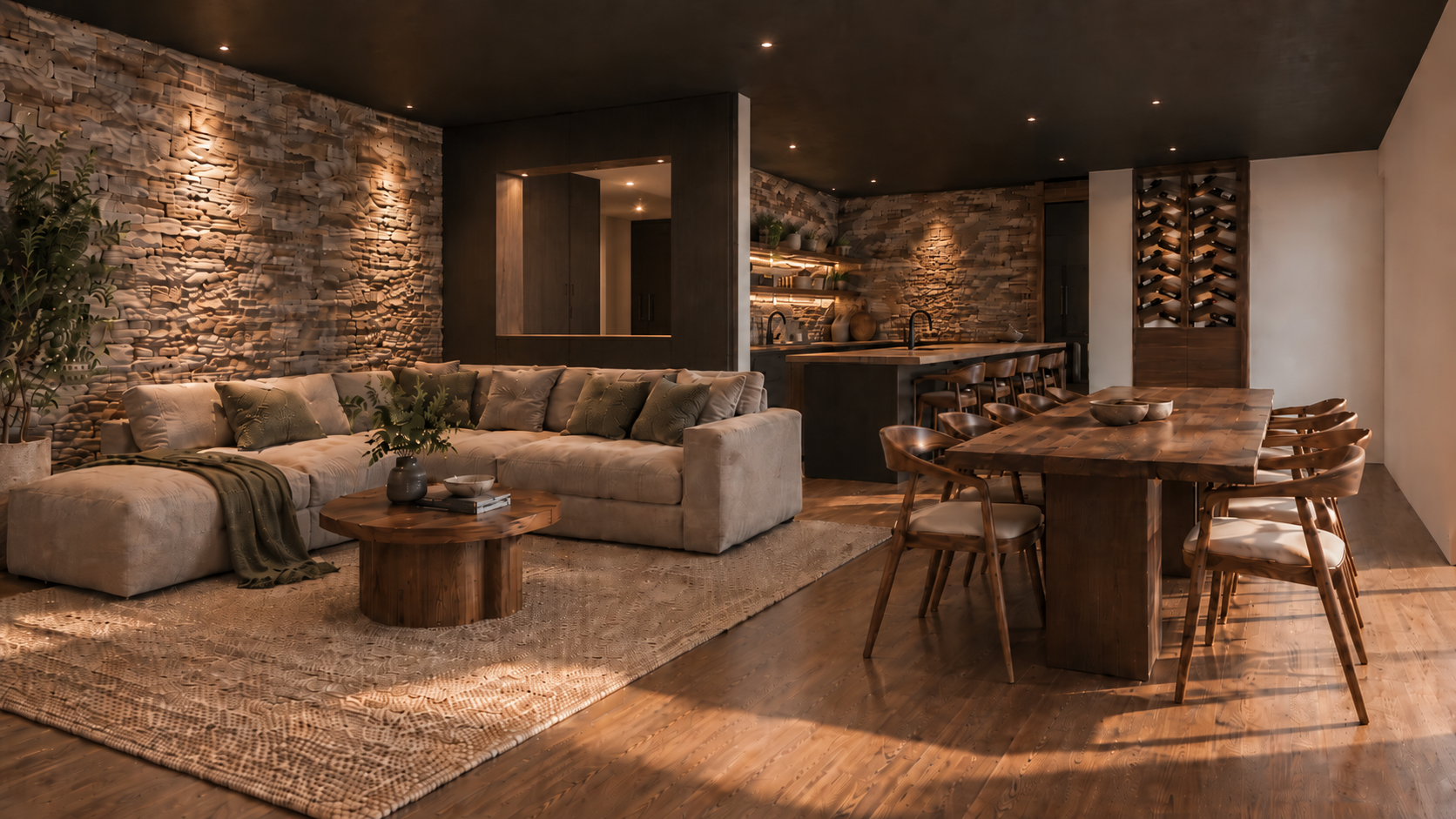 Interior da adega com zona de estar, cozinha e garrafeira