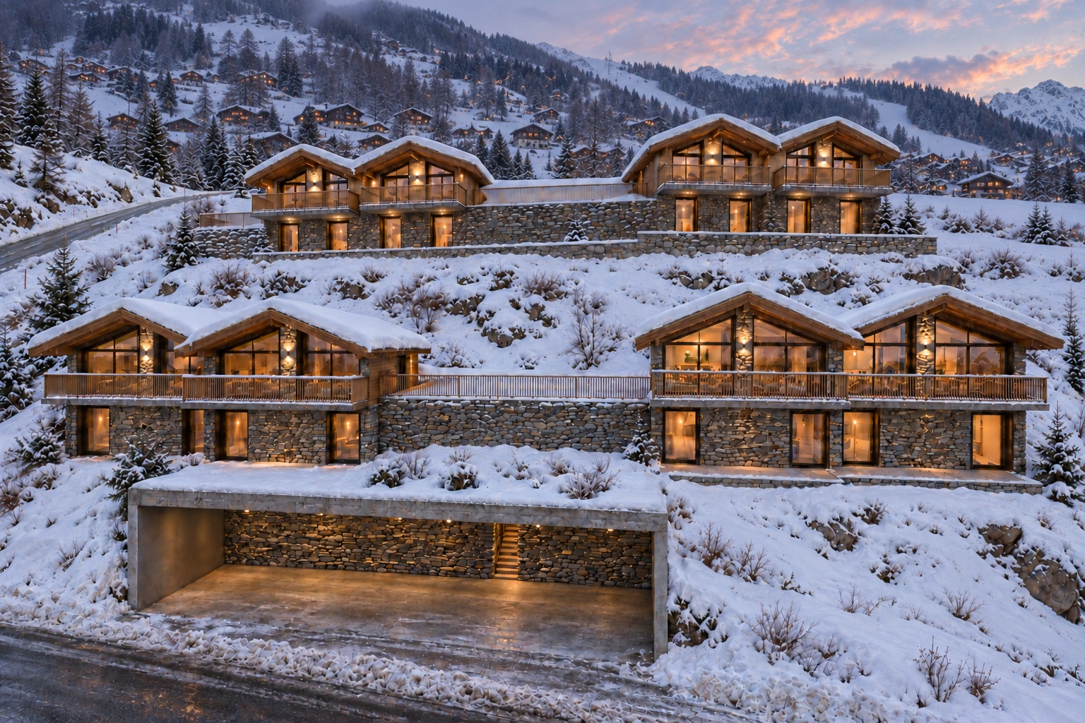 Conjunto de oito chalets implantados na encosta de Grimentz durante o inverno