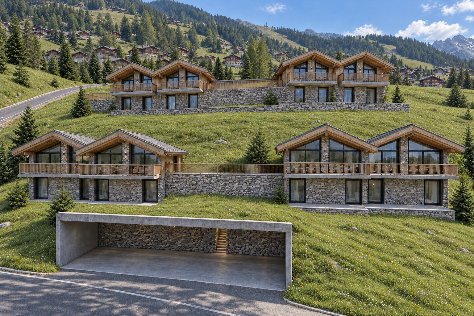 Conjunto de oito chalets em Grimentz integrado na paisagem alpina durante o verão