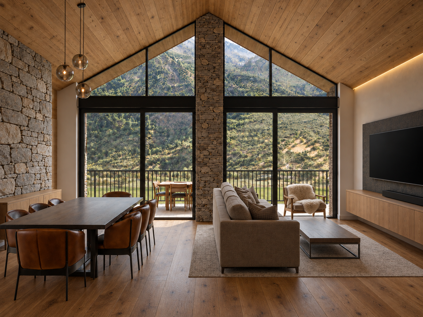 Interior refinado do chalet com sala de estar, sala de jantar, guarda-corpos na varanda e vista para a montanha